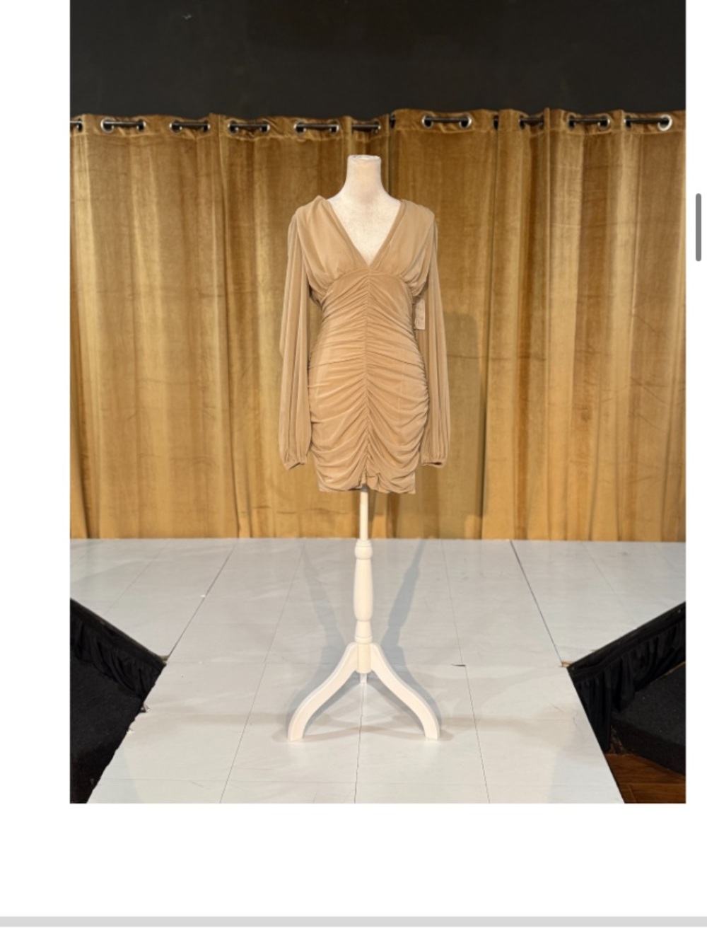 PrettyLittleThing Tan Ruched V-Neck Long Sleeve Mini Dress